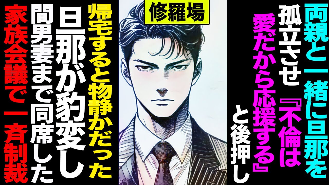 【漫画】両親と一緒に旦那を孤立させ「不倫は愛だから応援する」と後押し→帰宅すると物静かだった旦那が豹変し、間男妻まで同席した家族会議で一斉制裁(修羅場)【セカイノナミダ】