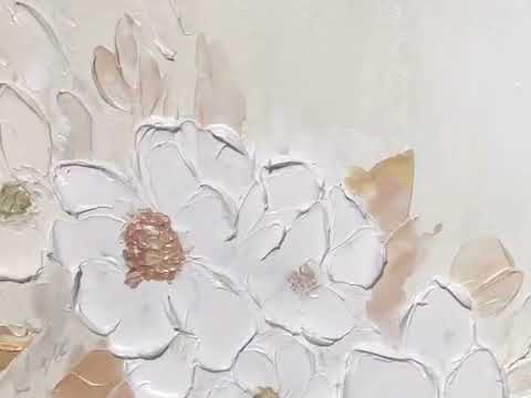Large white abstract textured flower painting on canvas.