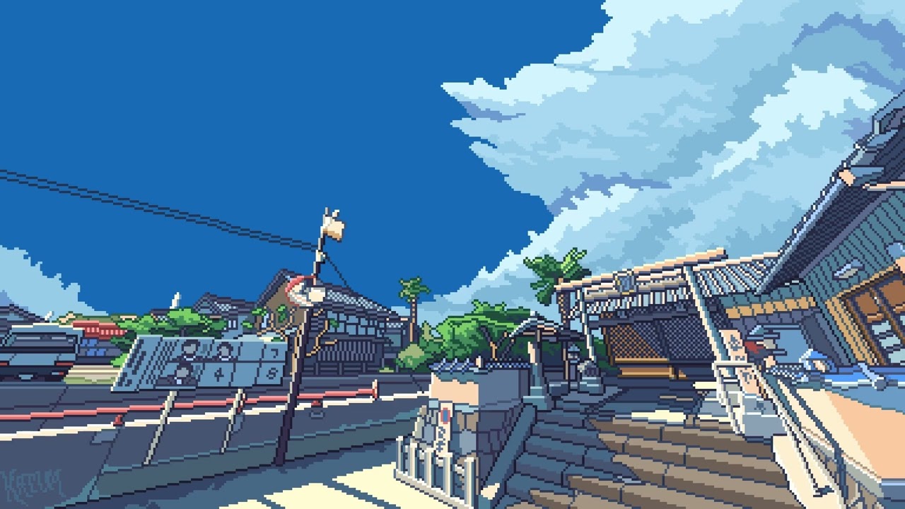 Ambient Wind Japanese Pixel Art Town 10 hours