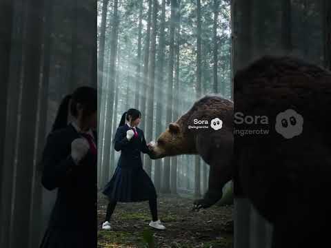 日本の女子高生が森の中でテコンドーを使ってヒグマと戦っている。