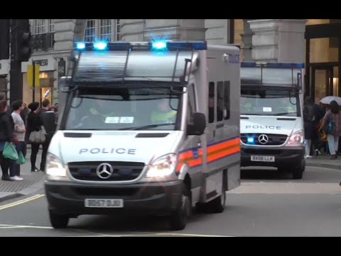 Metropolitan Police Public Order Vans responding with lots of bullhorn in London