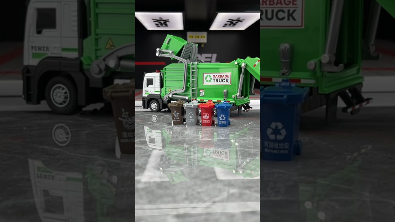 The sanitation garbage recycling truck is here! It comes with 4 garbage sorting bins and small cards