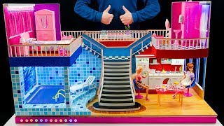 DIY Miniature Doll House Rooms Barbie Crafts  Bedroom and swimming pool backlit, living room.