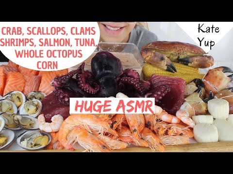 HUGE ASMR - MUKBANG !! SHRIMPS, SALMON, WHOLE OCTOPUS, CORN, CRAB, TUNA, SCALLOPS, CLAMS !!