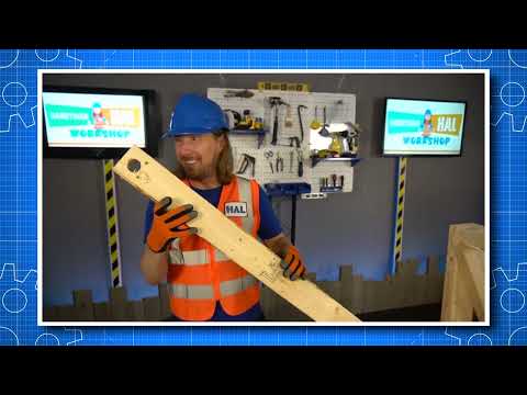 Man in a blue hard hat and orange safety vest holds a long wooden plank in a tool-filled workshop, smiling at the camera.