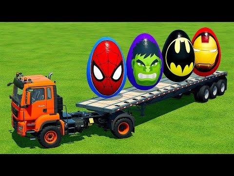 CLAAS vs CASE vs FENDT vs RIGITRAC TRACTORS TRANSPORT SUPERHERO EGGS - Farming Simulator 22