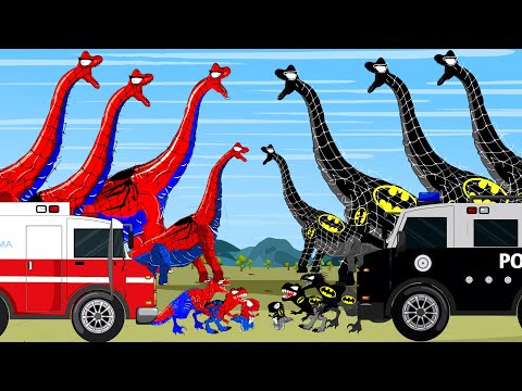 ALL SPIDERMAN T-REX VS BRONTOSAURUS, AMBULANCE, CAR POLICE: Jurassic World Dinosaur Disappeared!