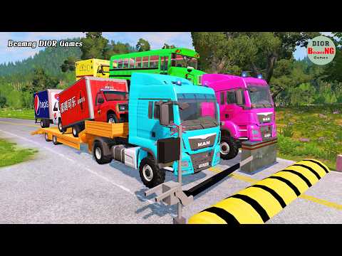 Double Flatbed Trailer Truck vs speed bumps|Busses vs speed bumps|Beamng Drive|1313