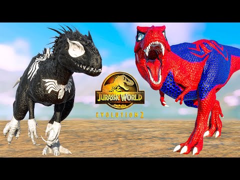 Venom Indominus REX VS Spiderman Tyrannosaurus REX, Dinosaurs Battle 🦖 Jurassic World Evolution 2