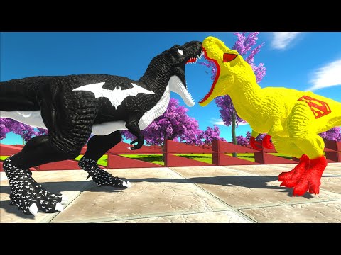 WHITE BATMAN T-REX vs YELLOW SUPERMAN T-REX DEATH RUN - Animal Revolt Battle Simulator