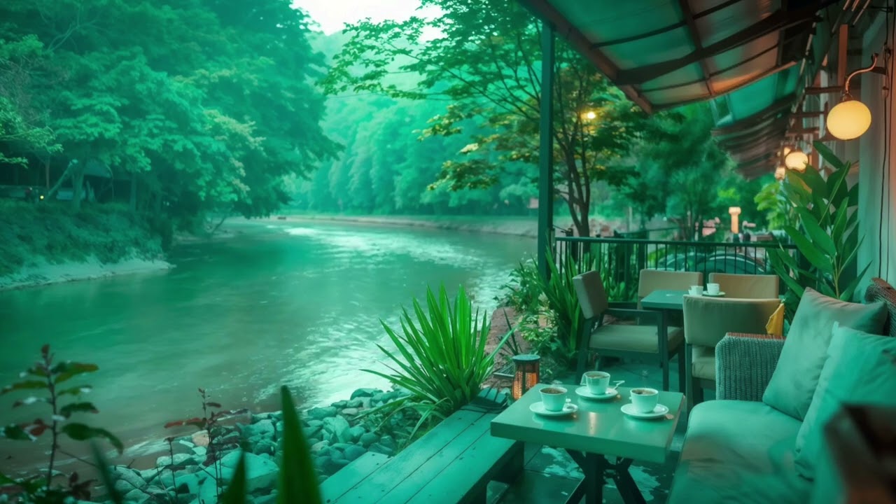 Serene Forest Coffee Shop - Soft Piano, Flowing River, and Birds for Restful Sleep