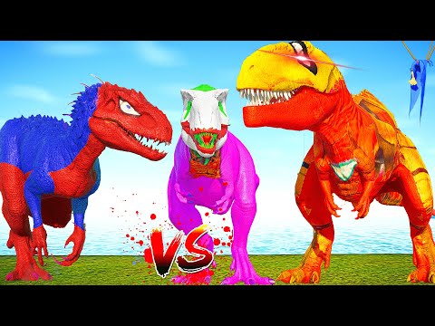 Spiderman I-REX vs Dinosaurs Ironman ,Indoraptor,Joker battle T-Rex Jurassic world Evolution 2