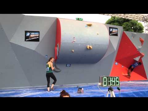 Claire competing in the Chongqing Bouldering World Cup 2014