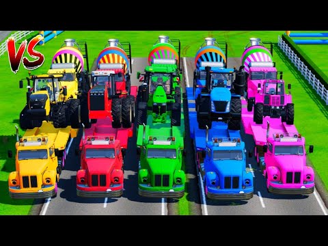 Transporting Colorful Tractors & Mixer Trucks to Garage with OLD SCANIA! (FS22) #10