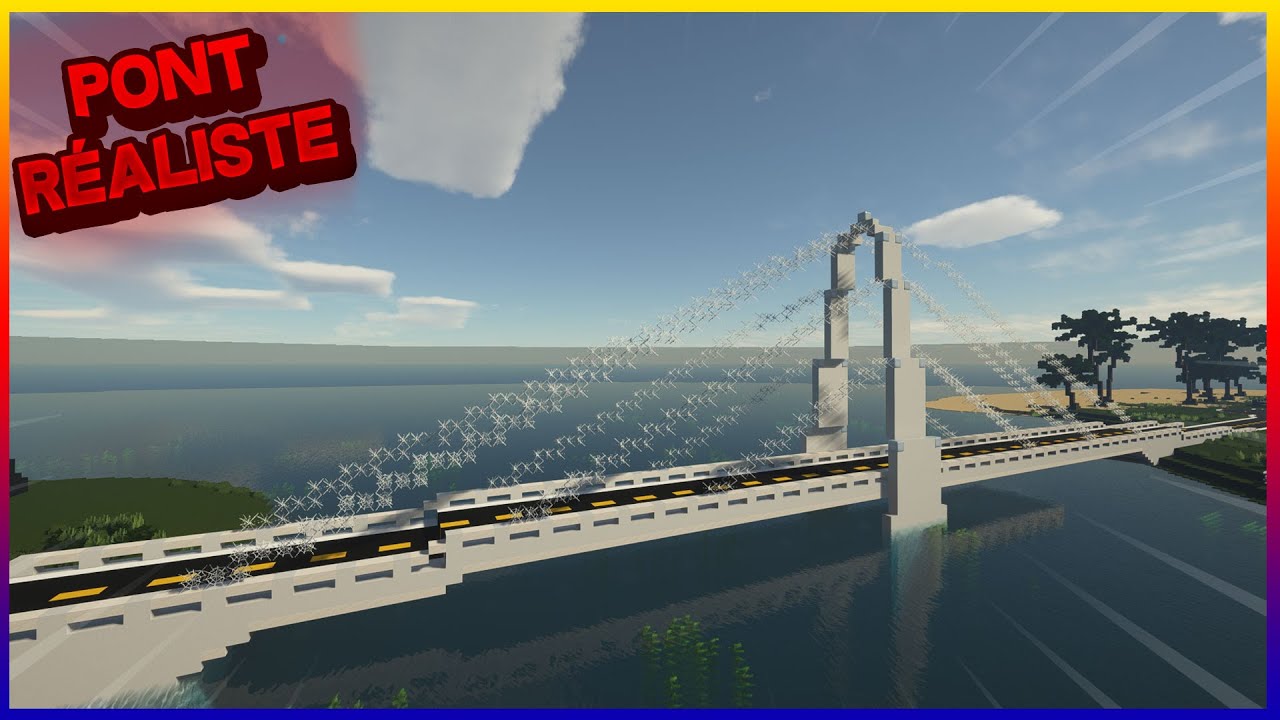 Pont moderne Minecraft style Golden Gate avec pylônes hauts en béton et chaussée éclairée