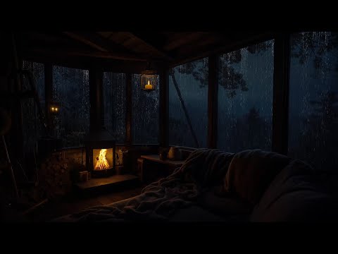 Rain on Cabin Roof with Crackling Fireplace Sounds | Cozy Night Ambience for Rest