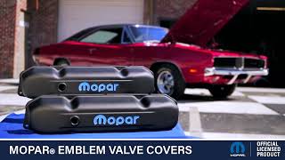 Slant-Edge Tall Stamped Steel Valve Covers for Small Block Chrysler [Black, Recessed Blue Mopar Emblem] - video thumbnail 2
