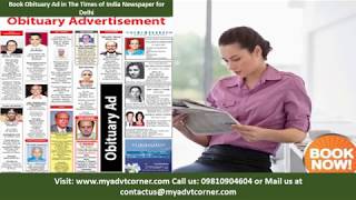 Times of India Delhi Obituary Classified Display Ads | Death Advertisement | Call us: 09810904604
