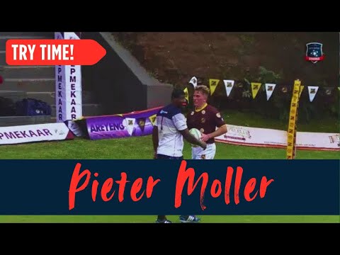Pieter Moller of Helpmekaar Kollege scores a long-range try against Welkom Gim