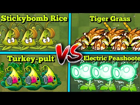Team Stickybomb VS Tiger Grass VS Turkey VS Electric Peashooter || Pvz2 || Who Will Win