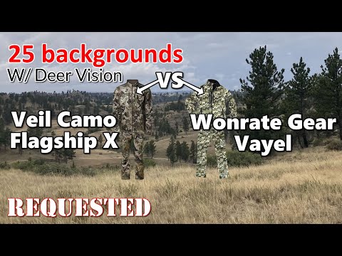 Veil Camo Flagship X Vs Wonrate Gear Vayel hunting camo in Human and Deer Vision on 25 Backgrounds