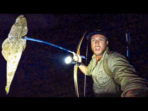 ALONE in the bush with NO FOOD - NIGHT BOW n ARROW - Eating Only What I Catch