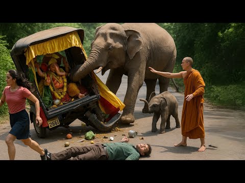 Monk Faces Angry Elephant on the Road | راهب يواجه فيلًا غاضبًا في الطريق 😱⁉️️