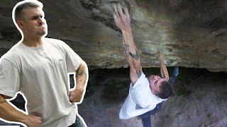 B tries V11/8A with funny grabs by Bouldering Bobat