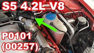Audi S5 4.2 V8 engine light on, P0101/00257. Fault finding and repair.