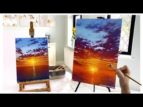 How to paint a Sunset over the ocean for beginners/medium - Acrylic painting tutorial ocean sunset