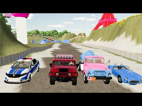 TRANSPORTING POLICE CAR, DACIA LOGAN, HUMMER, WITH TRANSPORT TRAILER - FARMING SIMULATOR 22