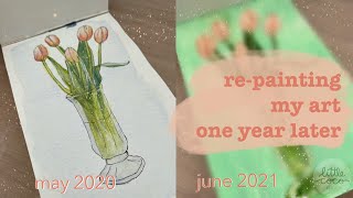 Re-painting my art 1 year later + a garden update | Painting with Holbein Acrylic Gouache