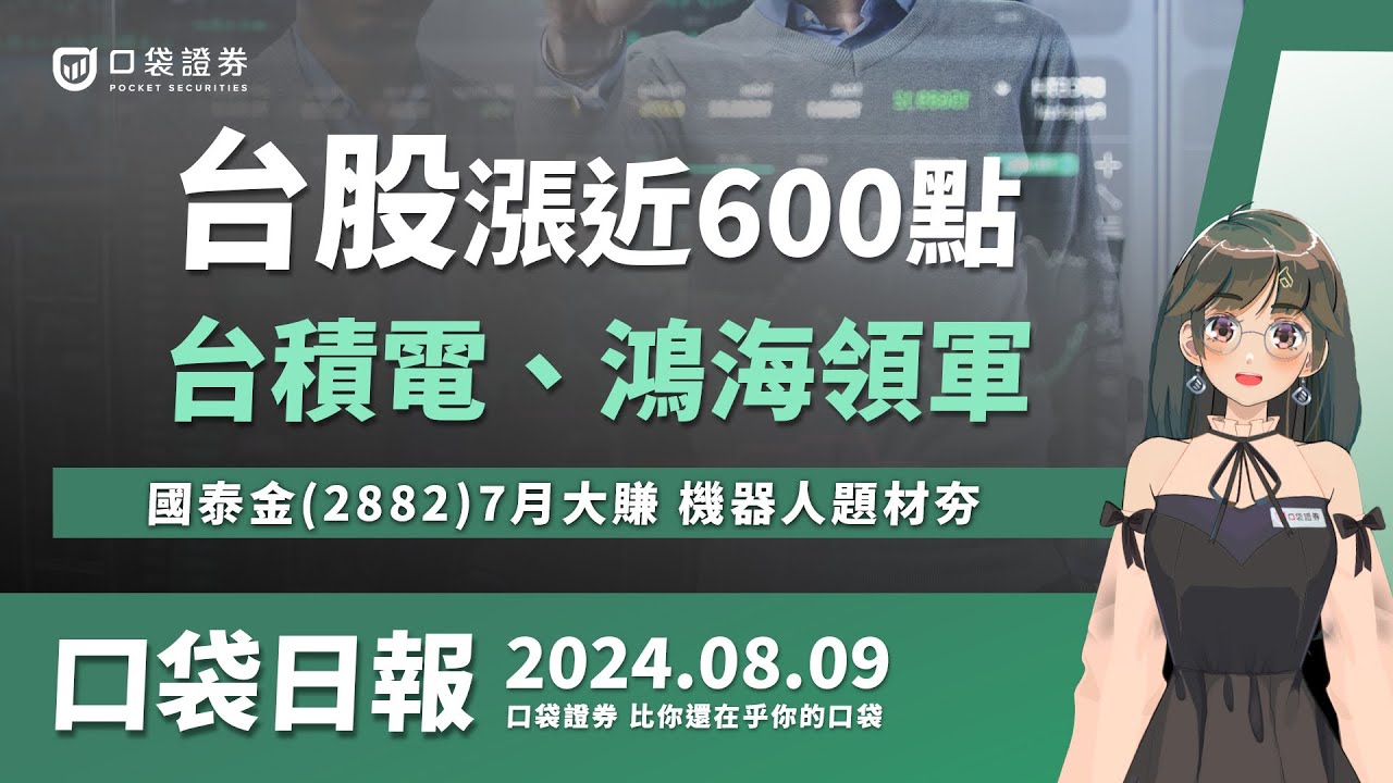 【口袋日報】台股漲近600點,台積電、鴻海領軍,國泰金7月大賺,機器人題材夯!2024.08.09