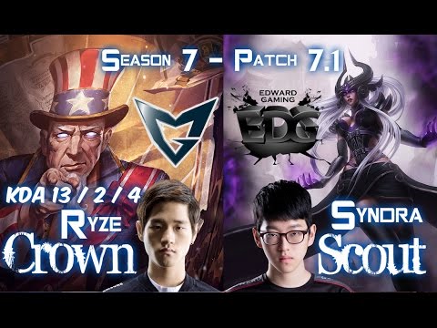 SSG Crown RYZE vs EDG Scout SYNDRA Mid - Patch 7.1 KR Ranked
