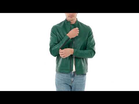 Giacca in pelle artigianale modello biker Louis colore verde da uomo - Doppia Pelle