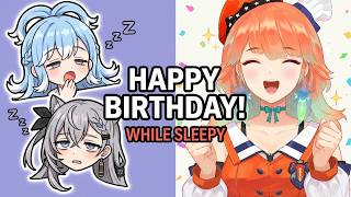 Zeta and Kobo wish Takanashi Kiara a happy birthday while extremely sleepy.