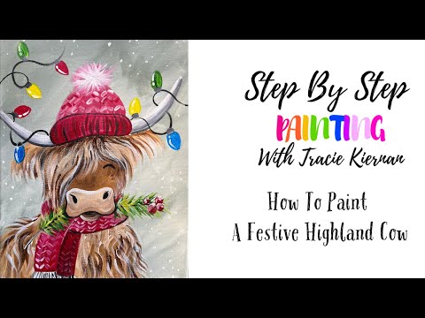 How To Paint A "Festive Highland Cow" - Acrylic Painting Tutorial