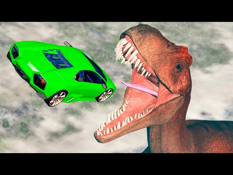 Cars Jumping into Mouth of Giant Dinosaur - Beamng drive