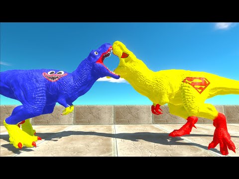HUGGY WUGGY T-REX vs YELLOW SUPERMAN T-REX DEATH RUN - Animal Revolt Battle Simulator