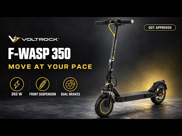 Trotinete elétrica Voltrock F-Wasp 350 de 350 W, com suspensão dianteira, indicadores de mudança de direção e travões duplos (homologado pela DGT). video