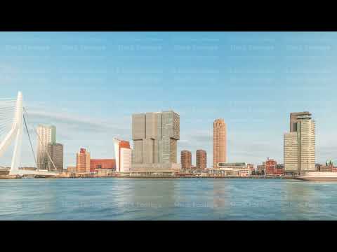 Panorama showing Rotterdam skyline timelapse from Nieuwe Maas River. Netherlands