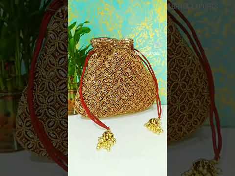 Rope handle golden sequins embroidery potli bag bridal bag f...