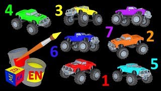 Monster trucks for children kids. Learn colors, learn to count. Educational cartoon