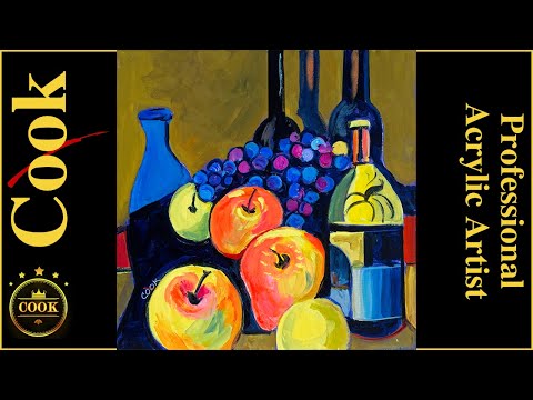 Picasso Style of Apples, Grapes and Wine , Easy Abstract Acrylic Painting  with Ginger Cook