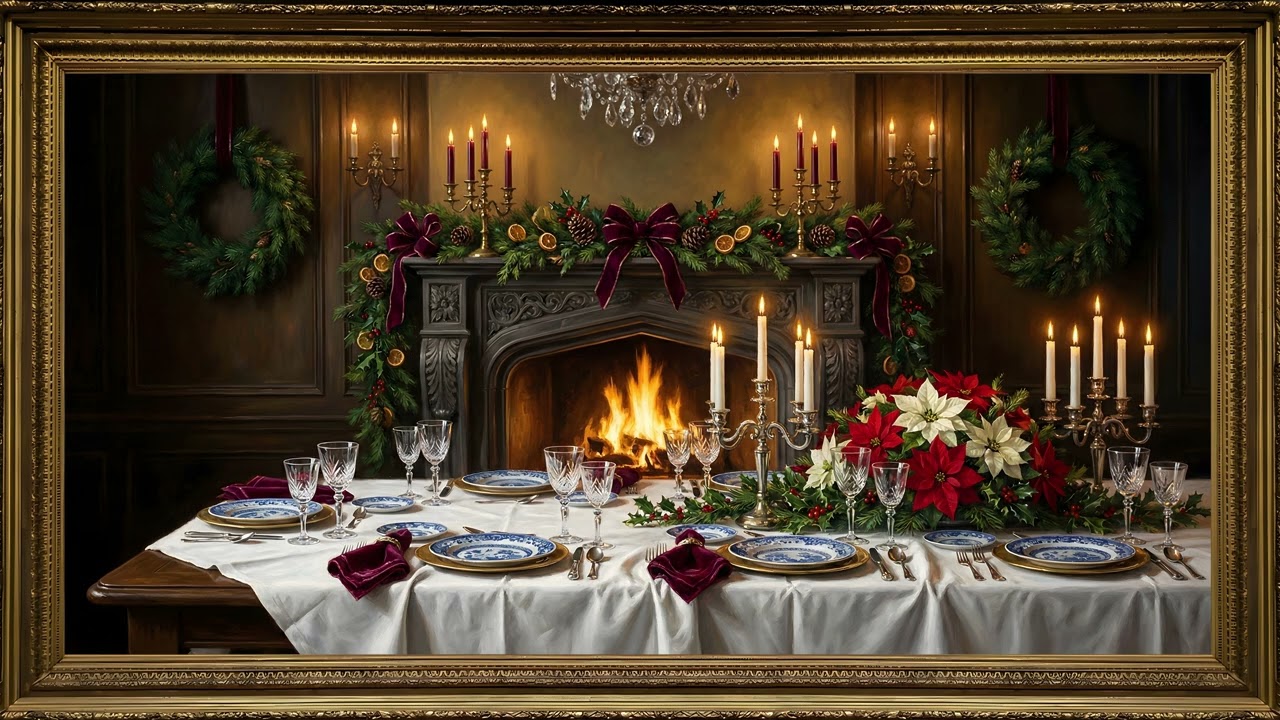 Christmas Dinner Table Fireplace Setting Gold Frame TV Art | 2 Hours 4K — 4K ambient art screensaver in baroque gold frame
