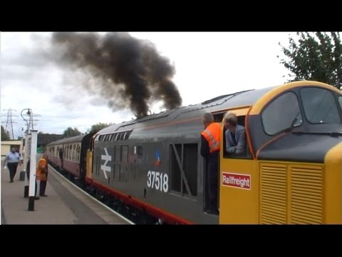 Class 37 37518 errupts at Peterborough Nene Valley Railway with plenty of clag & slipage