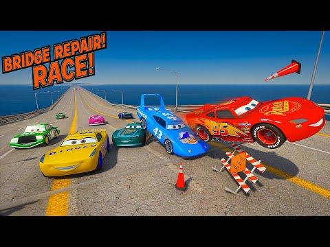 Cars Race Mega Bridge Obstacle Run   McQueen The King Chick Hicks Jackson Storm Cruz and Friends