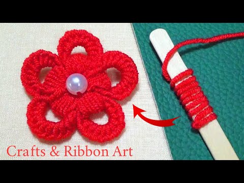 Amazing Trick with Ice Cream Stick - Easy Woolen Flower Craft Ideas - Hand Embroidery Flower Design