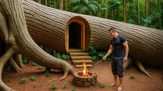 Build a Shelter to Avoid Wild Boars. Shelter Under a Giant Fallen Oak Tree| Primitive Villa