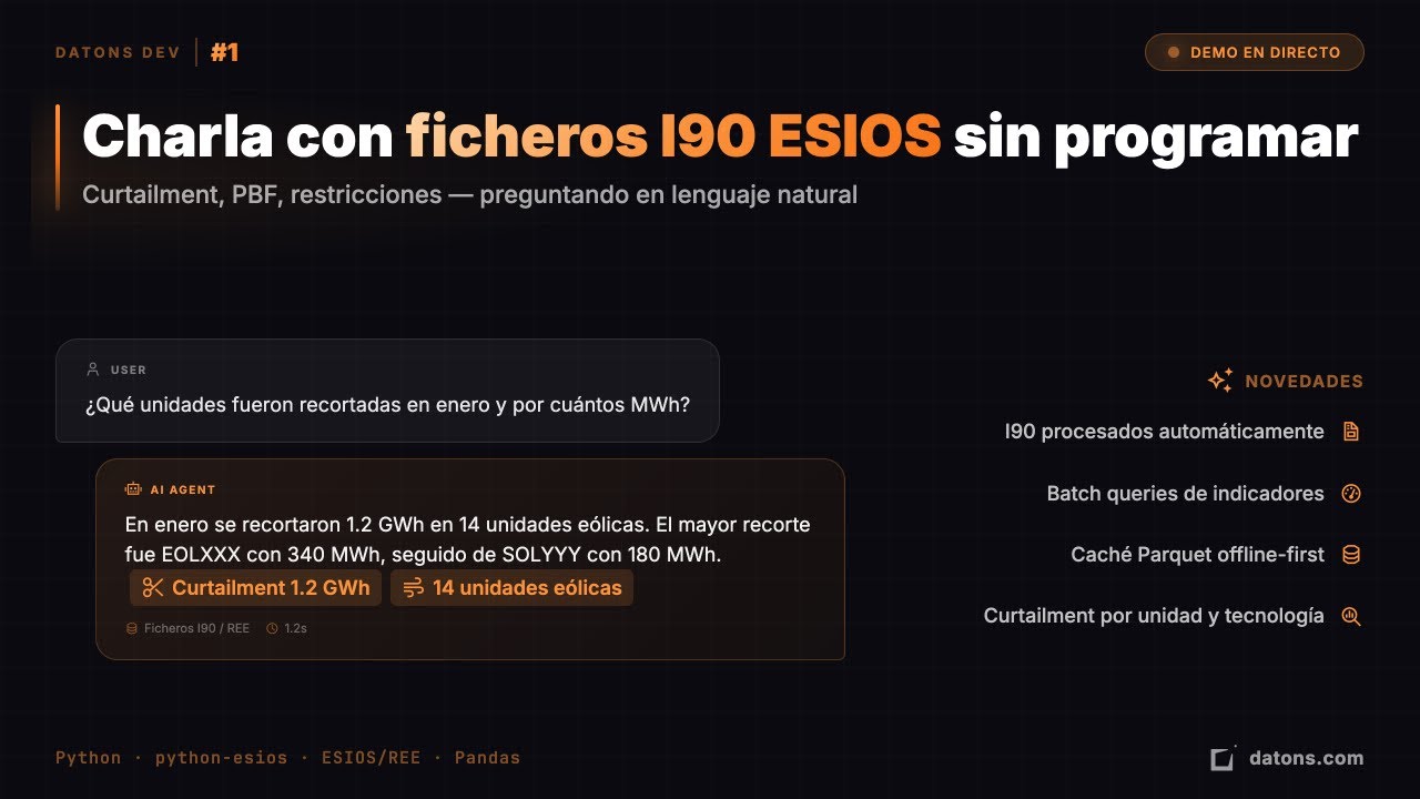 Datons Dev #1 — Actualizaciones python-esios | Charla con los ficheros I90 sin programar